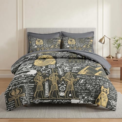 Pamnest Comforter Set Twin Size, Retro Egyptian Egypt 5 Pcs Bedding for Kids and Adults, God Pharaoh Abstract Bed Sheet Sets with Fitted Sheet Pillowcase & Sham for Bedroom Bed Decor