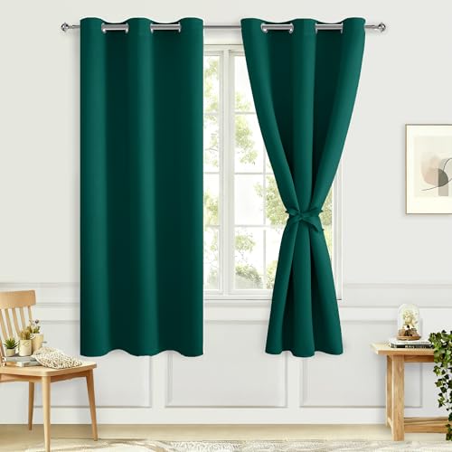 Hiasan Room Darkening Curtains for Bedroom, Noise Reducing, Energy Saving Blackout Window Curtain Panels, Sewn with Tiebacks, Set of 2, Grommet Top (Hunter Green, Width 38 Inch x Length 72 Inch)