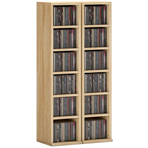 HOMCOM 204 CD Storage Units Set of 2, Blu-Ray Tower Rack with Adjustable Shelves, Bookcase Storage Organiser, Oak