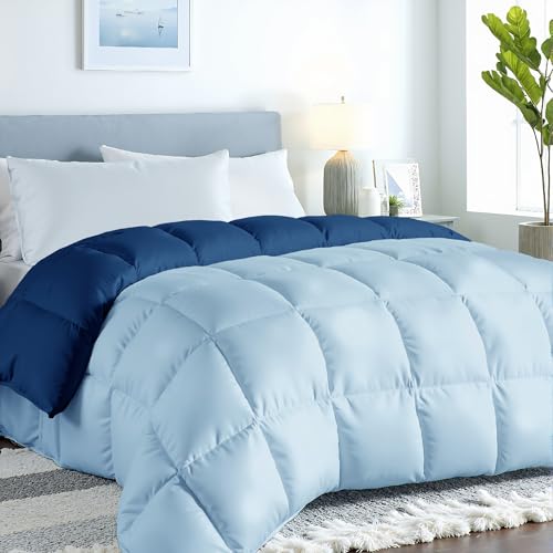 ROYALE LINENS Reversible Comforter - California King Duvet Insert - All Season Soft Quilted Comforters with 8 Corner Tabs - Down Alternative Bedding Comforter - Duvet Insert (Navy/Lake Blue, King Cal)