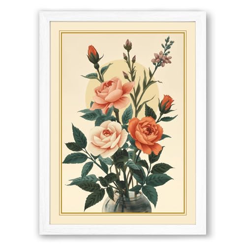 Rose Study Botanical Framed Wall Art Print A4 (29.7×21cm) White, Wall Decor for Living Room, Bedroom, Office & Home, Ready to Hang, Art Gift