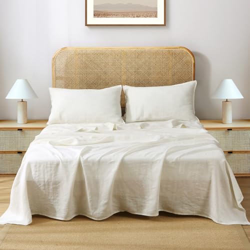 S VICTORY SYMBOL Pure Linen Sheets Set,100% Organic French Natural Flax Bedding with Stone Washed,King Size Bed Sheets 4pcs-1 Flat Sheet,1 Fitted Sheet,2 Pillow Cases(Creamy White)