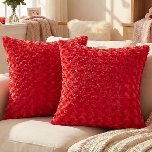 FUTEI Red Decorative Throw Pillow Covers 20x20 Inch Set of 2,Soft Solid Rose Textured Cushion Case,Modern Home Decor for Couch Living Room