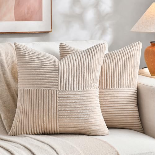 Fancy Homi Set of 2 Soft Corduroy Decorative Throw Pillow Covers for Living Room, Couch, Bed, Sofa, Home Decor - Rustic and Bohemian Style - 21.7 x 21.7 Inch - Beige