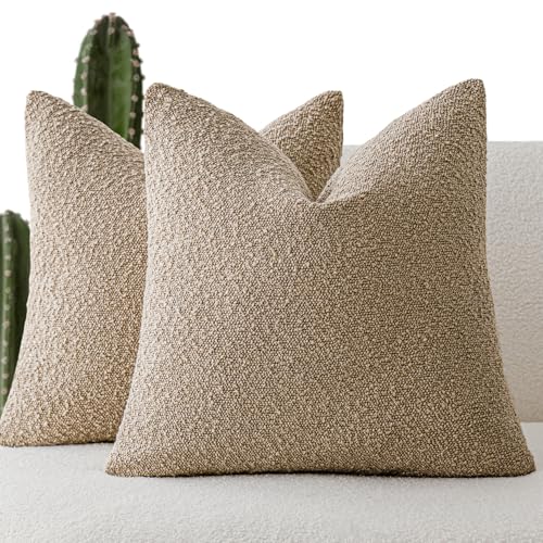 Foindtower Pack of 2 Textured Boucle Throw Pillow Covers Accent Solid Pillow Cases Cozy Soft Decorative Couch Cushion Case for Chair Sofa Bedroom Living Room Home Decor, 20 x 20 Inch,Taupe Khaki Camel