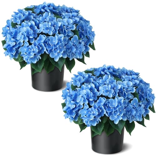 "2 Sets 22""Artificial Hydrangea Flower Topiary Trees for Porch(Blue) - with Pots,No Assembly Needed,Faux Silk Flower Potted Plant,for Front Door Farmhouse Garden Home Outdoor Spring Summer Decor"
