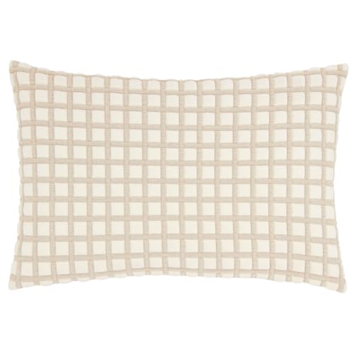 furn. Softie Grid Feather Filled Cushion (Natural - 40x60cm) - Bold Checkered Quilted Textured Plain Reverse Playful Decorative Pillow