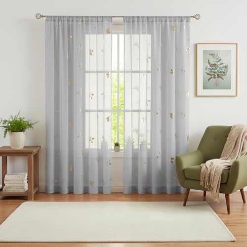 Jubilantex Grey Sheer Curtain with Gold Butterfly Pattern for Kids Room, Linen Textured Rustic Metallic Print 84 Inch Rod Pocket Window Drapes for Girls Bedroom Living Room, 2Panels