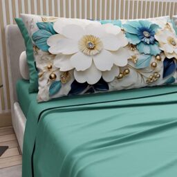 PETTI Artigiani Italiani - Cotton Sheets with Pillowcases in Digital Print, French Quarter, Complete Top and Bottom Sheet with Corners, Floral 05 19 Teal, 100% Made in Italy