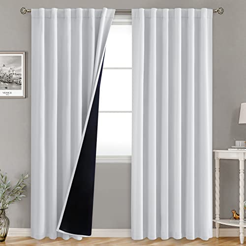 BGment 100% Blackout 80 Inch Curtains with Thermal Insulation Liner, Rod Pocket and Back Tab Double Layer Room Darkening Window Treatment Drapes for Living Room (52 x 80 Inch, 2 Panels, Greyish White)