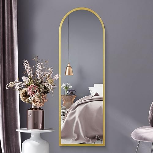 "MirrorOutlet The Arcus - Gold Framed Modern Full Length Arched Leaner/Wall Mirror 63"" X 21"" (160CM X 53CM) Silver Mirror Glass with Black All weather Backing."