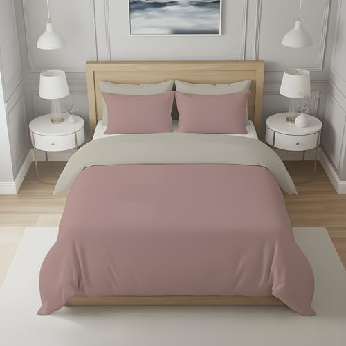 Soleil d'ocre, Two-Tone Cotton Duvet Cover 57 Thread Count 240 x 220 cm Plain Linen and Old Pink