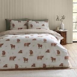 Catherine Lansfield Angus Highland Cow Reversible Single Duvet Cover Set with Pillowcase Natural