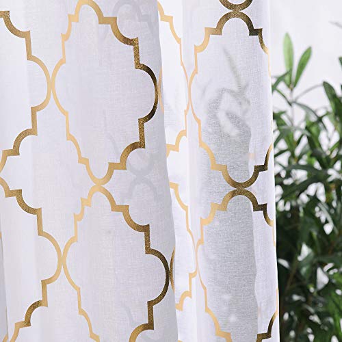 YJ YANJUN Sheer Curtains 45 inch Length for Kitchen Window Cafe Curtains Half Window Treatments Rod Pocket Light Filtering Short Curtains 45L x 52W 2 Panels - White Gold