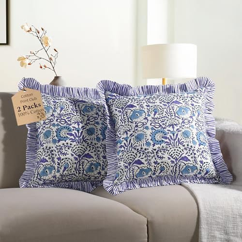 CPC Indigo Blue Ruffle Throw Pillow Covers for Couch, 20x20 Inch Cotton Stripe Ruffle Couch Pillows for Living Room, Hidden 16 Inch Zipper Boho Pillow Case or Cute Outdoor Pillows