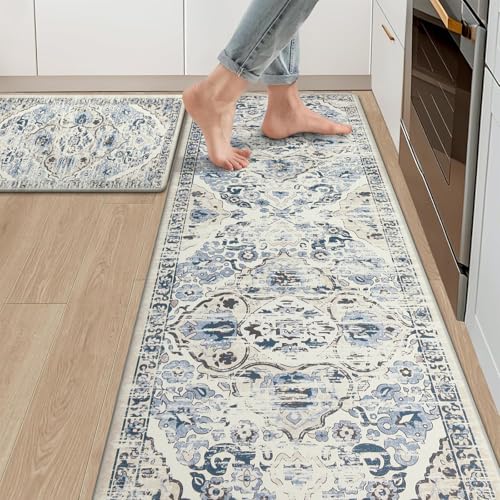 "Ileading Kitchen Anti Fatigue Mat Set of 2 Non Skid Waterproof Kitchen Floor Mat Vintage Cushioned Comfort Standing Desk Office Mat Runner for Kitchen Sink Laundry, 17""x59""+17""x28"", Blue"