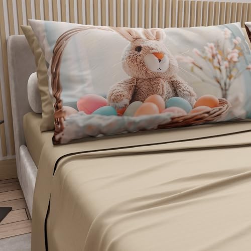 PETTI Artigiani Italiani - Easter Cotton Sheets with Pillowcases in Digital Print, Double Bedsheets, Easter Double Bed Set, 14 Beige, Made in Italy