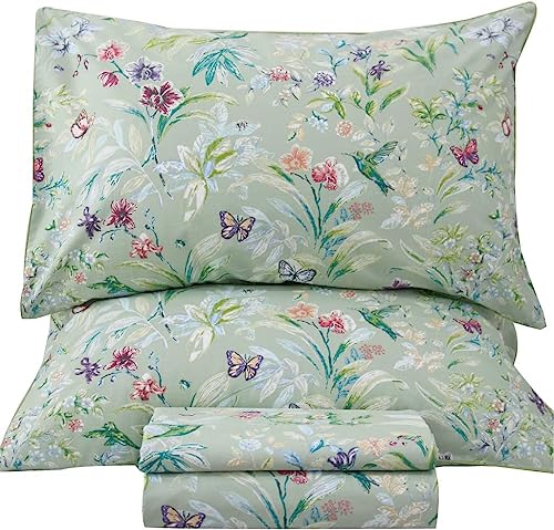 QSH 100% Cotton Sheets for Split King Size Bed, Pattern Botanical Luxury Cotton Printed Floral Bedding Sheets Soft and Breathable 5pcs Deep Pocket Queen Sheet Set