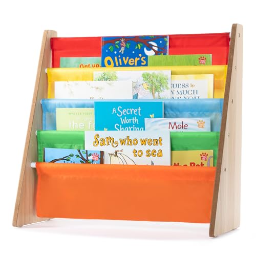 LIVIVO Colorful Kids Bookshelf - 4 Tier Children's Bookcase, Magazine and Book Storage Rack, Wooden Sling Book Organizer, Book Shelf for Kids Room, Bedroom, Nursery, Playroom (Multi-colour)