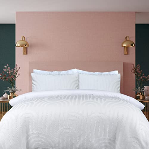 Sleepdown Geometric Textured Tufted Arch White Duvet Cover Quilt Pillow Cases Bedding Set Soft Easy Care - King (230cm x 220cm)
