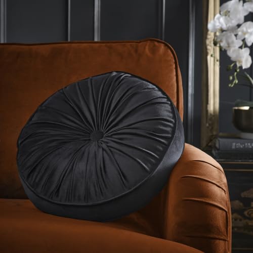 House of Llewelyn-Bowen Round Pleat Black Filled Cushion, 40cm, Polyester, Microfibre Pad