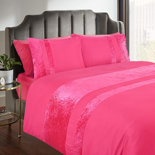 Casabella Luxury Crushed Velvet Panel Band Duvet Cover Sets with Pillow Case Super King Duvet Cover Bedding Set – Red Crush Velvet Super King Duvet Cover Sets