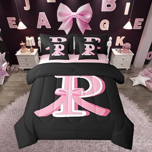 jejeloiu Kawaii Pink Bow Twin Comforter Set with Sheets,Gifts for Women Teen Girl,Monogrammed 7 Piece Bedding Set,Soft Personalized Initial Letter P Bed in a Bag with Comforter,Sheets,Pillowcases