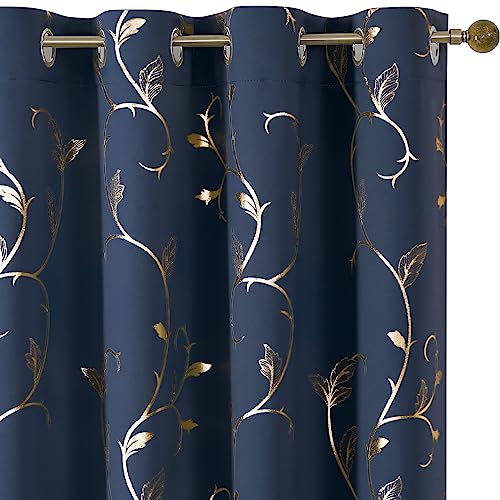BUHUA Blackout Curtains 108 Inches Long, Gold Foil Print Pattern Room Darkening Curtain, Living Room Curtains & Drapes, Thermal Insulated Window Panel Set, 52 x 108 Inch, Navy Blue