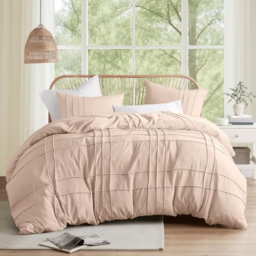 Comfort Spaces Blush King Size Duvet Cover Set - 3 Pieces Pintuck Pleated Duvet Cover King, All Season Lightweight, Extra Softness Pre-Washed Microfiber King Bedding Cover Shams, King/Cal King