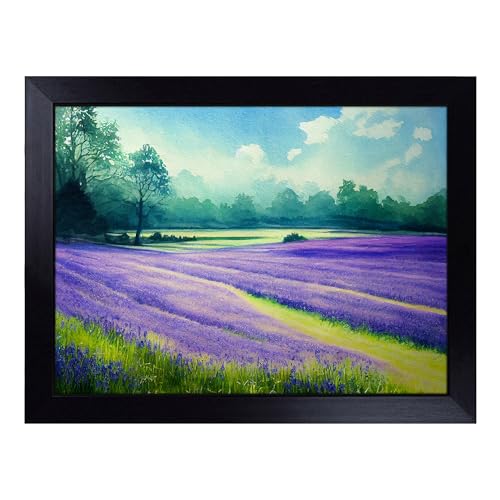 Lap Tray with Bean Bag Cushion, Bluebell Field In Watercolour - Handmade in the UK, Raised Wooden Edge, Padded Cushion, Heat-Resistant Wipe-Clean Surface, for Meals, Laptops and Crafts