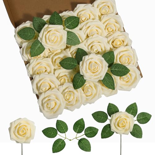 DuHouse 25 Pcs Artificial Roses with Stems, Foam Flowers for DIY Wedding Bouquet, Baby Shower, Table Decoration, Flower Arrangement, Party, Home Decoration (Light Champagne)