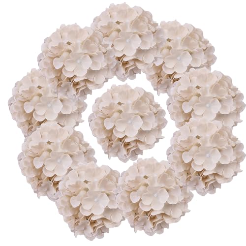 AVIVIHO Fake Flowers Beige Hydrangea Artificial Flowers Bulk Pack of 10 Realistic Fake Flower Hydrangea Silk Flowers with Stems for Wedding Party Table Centerpieces Home Decor Floral Decoration