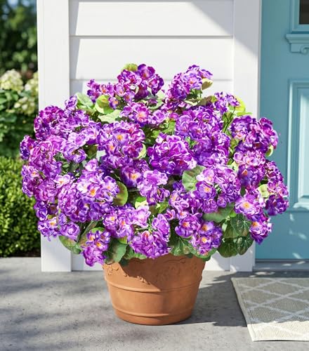 Fake Geraniums Artificial Flowers for Outdoors Outside, 6 Bundles Purple Silk Geraniums Fake Flowers Plants Realistic UV Resistant Faux Flowers for Outdoor Planters Garden Balcony Yard Porch Indoor