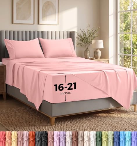 Utopia Bedding Deep Pocket Queen Sheet Set ??? Fits Mattresses Up to 21 inches ??? Cooling, Soft & Breathable ??? Oeko-TEX 4 Piece Bed Sheets (Pink)