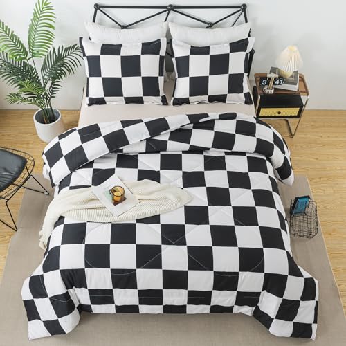Caressma Checkered Comforter Set Queen Size, Black White Plaid Bedding Set - Buffalo Plaid Boys Comforter Bed Set for All Seasons, Farmhouse Soft Microfiber 3 Pieces Comforter with Pillowshams