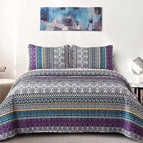 "WONGS BEDDING Boho Quilt Set Twin Size, Purple Bohemian 2 Pieces Quilt Sets, Lightweight Bedspread Coverlet Bedding Set for All Season (86""x68"")"