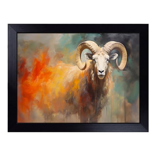Lap Tray with Bean Bag Cushion, Ram Sheep Gestural - Handmade in the UK, Raised Wooden Edge, Padded Cushion, Heat-Resistant Wipe-Clean Surface, for Meals, Laptops and Crafts