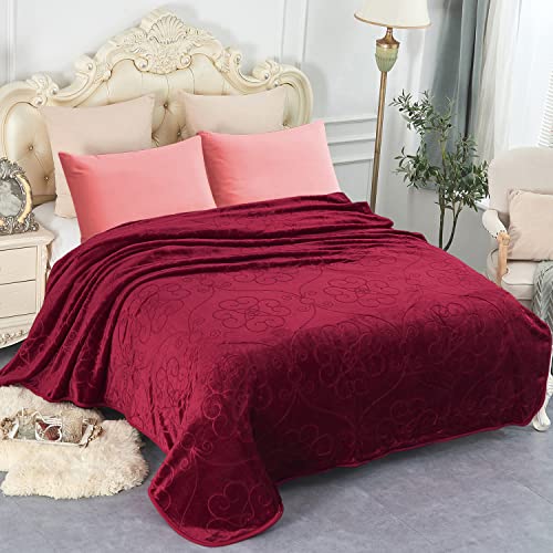 "JYK Luxury Fleece Plush Blanket, Korean Mink, Queen 75"" x 91"" - Super Soft, Warm, Lightweight, Cozy Fuzzy Solid Color Embossed Fleece for Bed (Burgundy)"