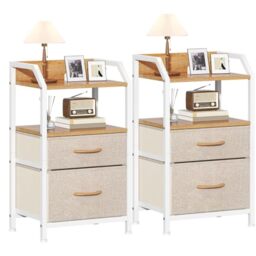 Feonase Set of 2 Bedside Table with 2 Fabric Drawers & Open Shelf - Sturdy Metal Frame Nightstand, Compact End Table for Bedroom, Living Room, Small Spaces, Wooden Top Storage Furniture, Khaki