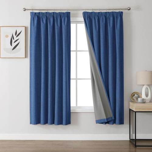 Joydeco 100% Blackout Curtains, Linen Curtains with Ruffle Tape, Set of 2, H 183 x W 117 cm, Navy Blue, Thermal Curtain, Cold Protection, Opaque, Sound Protection, Ideal for Living Room, Matches Rail