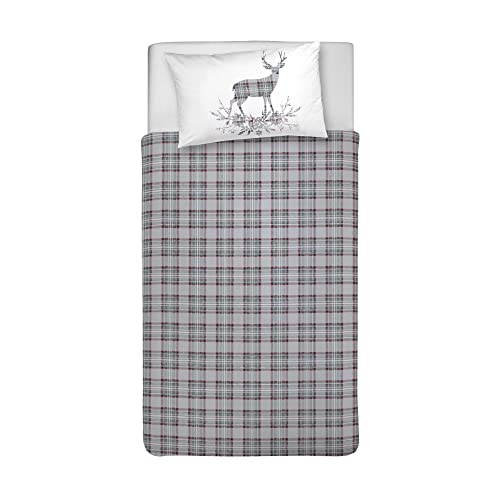 PENSIERI DELICATI Single Duvet Cover Set 100% Cotton, Complete with Bag 155 x 200 cm and 1 Pillowcase 52 x 82 cm, Made in Italy, Duvet Cover Washable In Machine At 40 °, Grey Tartan Pattern