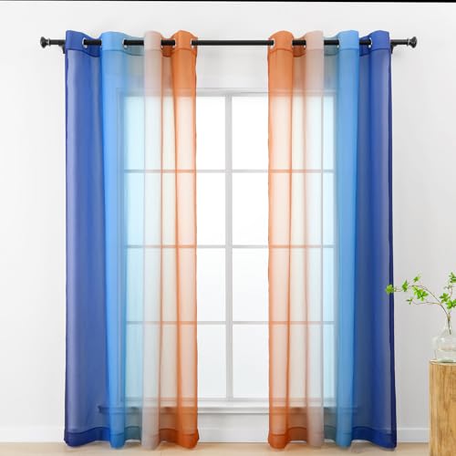 L.Z.E Navy Blue Terracotta Rust Sheer Curtains 96 Inches Long for Living Room, 2 Panels Set Ombre Sheer Curtains & Drapes for Bedroom Room, Modern Grommet Top Voile Window Sheers Long (LZE2218NO96)
