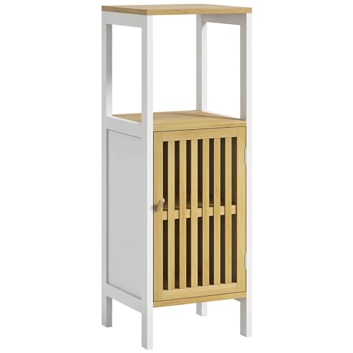 HOMCOM Slim Bathroom Storage Cabinet, Small Bamboo Bathroom Cabinet, White