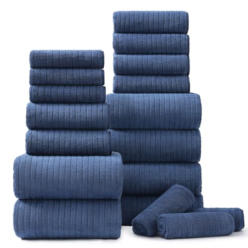 18 Piece Bath Towels Set,Soft Family Bathroom Towel Set with Hanging Loops-6 Bath Towels,6 Hand Towels,6 Washcloths,Highly Absorbent Quick Dry Shower Towel for Bathroom,Hotel,Spa-Navy Blue Towel Set