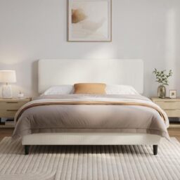 Yaheetech Chenille Upholstered King Bed Frame 150×200cm Beige Fabric Bed