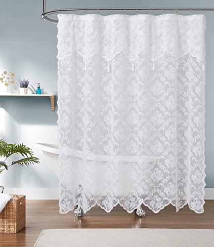 "LinenZone 72"" x 72"" Lace Shower Curtains with Attached Valance & Tassels. Lace Fabric Shower Curtain is Great for Country or Rustic Decor. Modern Farmhouse Shower Curtain. (Mia Shower 72 x 72 White)"