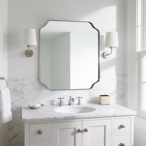 "ANDY STAR 24""x24"" Chrome Square Mirror, Polished Nickel Bathroom Mirror for Wall, Modern Scalloped Mirror in Anti-Rust Stainless Steel Frame, Styled Scalloped Edge Design Ideal for Home Decor"
