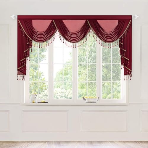 VOGOL Burgundy Red Waterfall Curtains Valance, Soft Touch Silky Textured Voile Curtain Window Panels for Living Room, 1 Piece Vintage Style Rod Pocket Swag Voile for Farmhouse, 79 in Wide