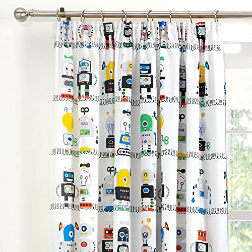 "Bedlam - Robots - Kids Pair of Pencil Pleat Curtains - 66"" Width x 72"" Drop (168 x 183cm) in Blue"