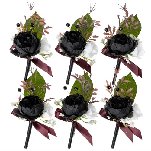 Fnize Boutonniere for Men Set of 6, Groomsmen Guest Boutonniere with Artificial Silk Flowers of Peony Rose, etc. for Wedding Graduation Prom Homecoming (Black White)
